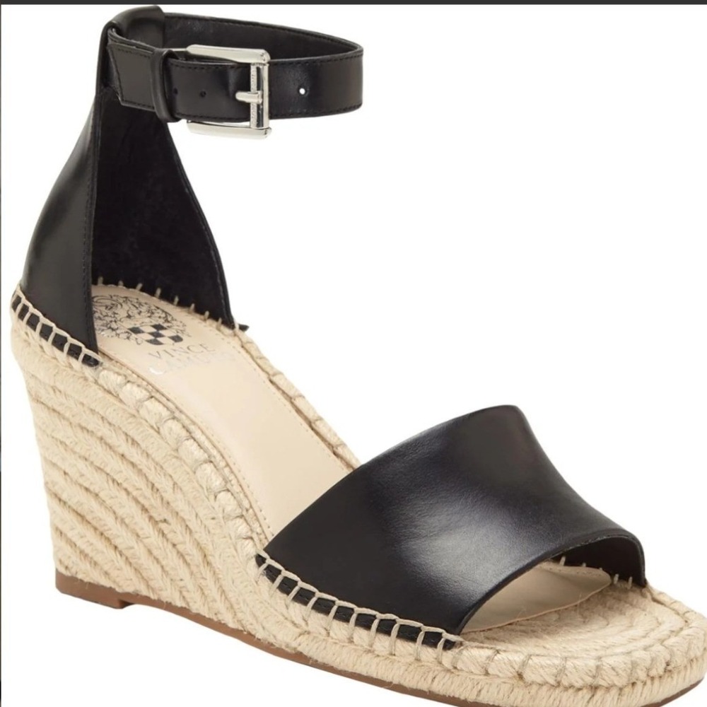 Vince Camuto Leera Black Leather Espadrille Wedge Sandals Ankle Strap Womens7